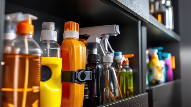 A child-proof lock on a kitchen cabinet with hazardous cleaning supplies inside - Powered by Adobe
