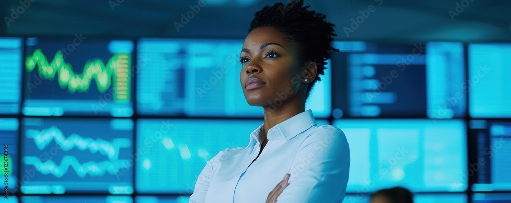 Fototapete a confident woman stands in front of multiple screens displaying data, exuding professionalism and f