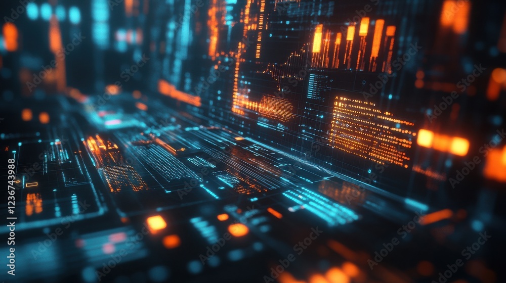 Poster a futuristic city skyline with abstract data visualizations and glowing elements representing techno