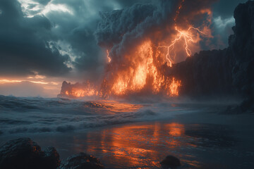 Violent volcanic eruption at the ocean's edge........