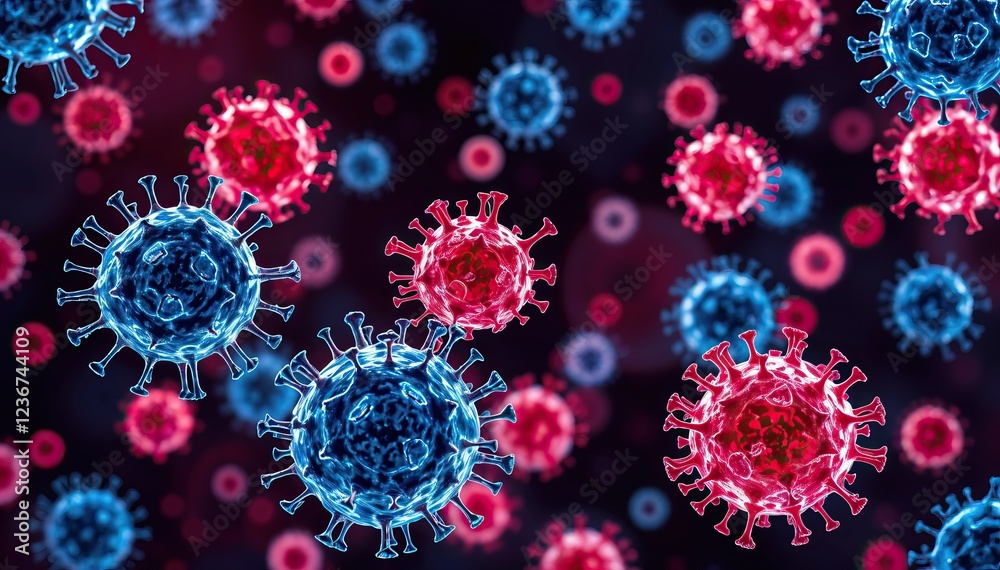 Poster microscopic view of viruses illustrating complex structure and potential for widespread transmission