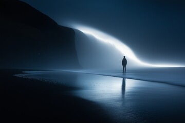 Fototapeta premium Lone figure facing an enigmatic glowing horizon........