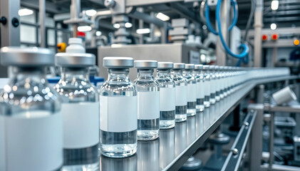 production line of pharmaceutical vials moves along conveyor belt in sterile manufacturing facility