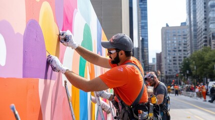 A community storytelling mural being painted by volunteers on a large urban wall