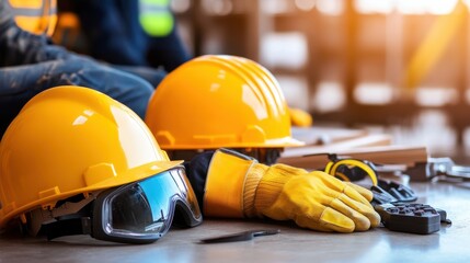A construction crew working with proper safety gear, including helmets, gloves, and boots