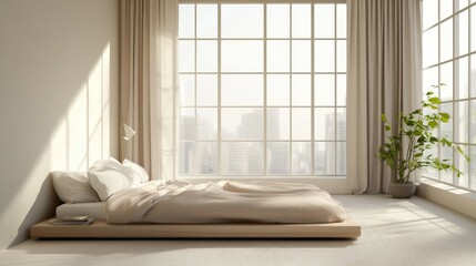 Minimalist bedroom with a low platform bed and floor-to-ceiling windows