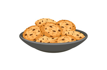 Biscuits with chocolate chips on plate. Vector cartoon flat illustration of sweet cookies. 