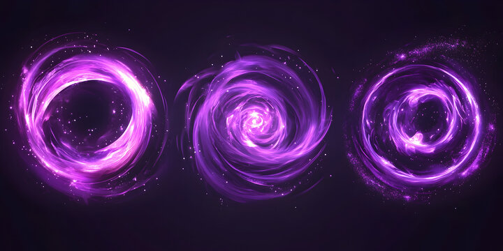 Circles of purple light with sparks and leaves motion effect. Adrenalin glow with stardust and sparkles. Abstract flow, tornado vortex, isolated magician spell swirls modern illustration theme
