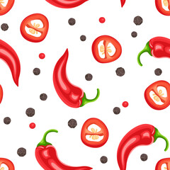 Background  with dry peppercorns, red hot chili peppers whole and slices. Food seamless pattern. Vector cartoon flat illustration of spicy spices.