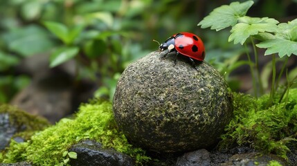 Fototapeta premium A ladybug resting on a small stone in a Zen garden, symbolizing balance and luck in tranquility.