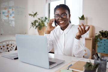 Smile, secretary and black woman in startup for phone call for networking, joke or contact on...