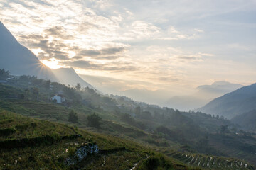 Sunrise over terraced hills close to Sapa, Vietnam