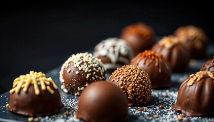 Assortment of decadent chocolate truffles each uniquely adorned with various toppings