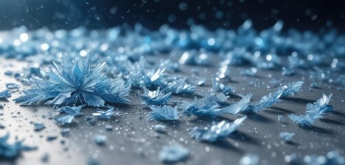 Obraz premium Icy blue sequins and glittering ice crystals on a frosty background, glittering ice, snowflake, lacy