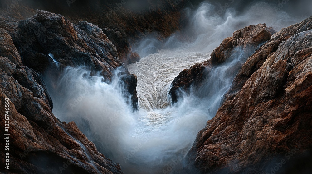 Poster a fast-moving waterfall cascading down rocks, with mist spraying into the air