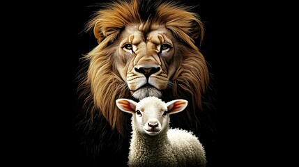 Naklejka premium Lion and Lamb Powerful Symbols of Strength and Gentleness Against a Dramatic Black Background