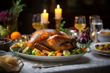 Delicious whole roasted turkey garnished with herbs and fruits, centerpiece of a festive dinner table for thanksgiving or christmas