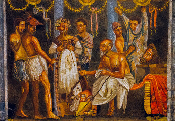 Fototapeta premium Naples, Italy - November 18, 2024: Fragment of historical ancient Roman mosaic circa 100 BC . Archaeological artifact from an excavated house in the buried volcano Vesuvius, Pompeii.