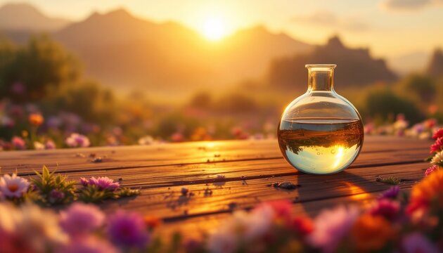 Golden Hour Elixir: A Sunset Landscape with Floral Essence and Glass Bottle