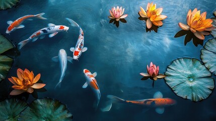 A school of koi carp in a tranquil pond surrounded by blooming lotus flowers, evoking peaceful luck.