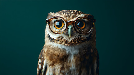 Obraz premium Owl wearing glasses standing confidently against a solid green background in a professional studio setting exuding wisdom intelligence and charisma ultra-detailed high-quality studio portrait