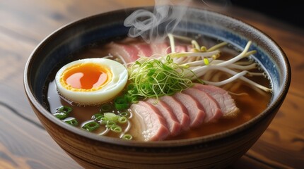 A steaming bowl of ramen topped with tender slices of meat, a soft-boiled egg, bean sprouts, and fresh greens.