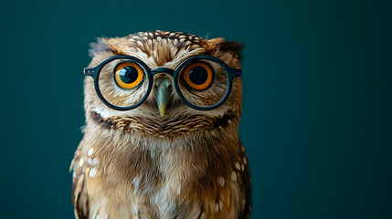 Obraz premium Owl wearing glasses standing confidently against a solid green background in a professional studio setting exuding wisdom intelligence and charisma ultra-detailed high-quality studio portrait