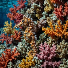 A seahorse camouflaged among colorful corals in a tropical sea.