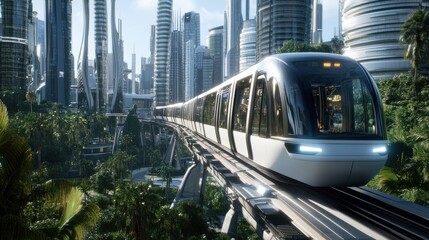 Fototapeta premium A futuristic train system with magnetic levitation speeding through a high-tech city