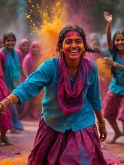 Naklejka premium A young female with a radiant smile, enjoying the Holi festival with vibrant colors on her face. A joyful celebration of happiness, culture, and tradition.