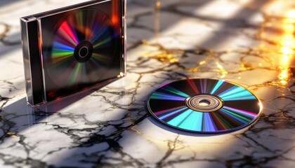 Compact Disc and Case on Marble Surface in Sunlight: A Nostalgic Glimpse into the Digital Age