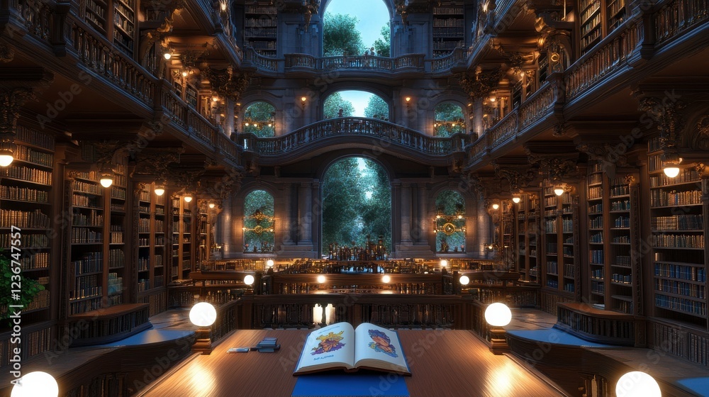 Poster a grand library with intricate shelves and a person reading a storybook at a long wooden table