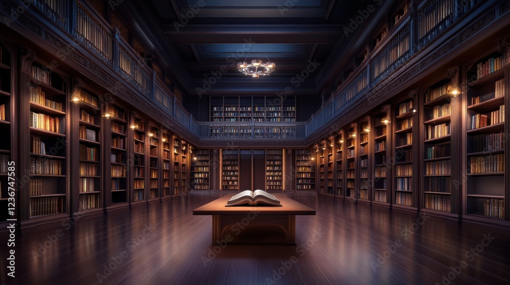 Poster a grand library with intricate shelves and a person reading a storybook at a long wooden table