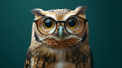 Owl wearing glasses standing confidently against a solid green background in a professional studio setting exuding wisdom intelligence and charisma ultra-detailed high-quality studio portrait