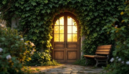 Serene Sunset Illumination at an Ivy-Covered Entrance with Wooden Door and Bench