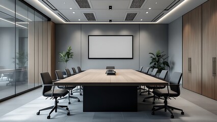 Modern conference room interior with sleek furniture, large table, and backlit presentation screen in a spacious and stylish design. 3D Rendering