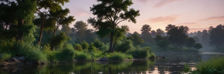 Lush green trees and bushes along the riverbank at dusk , lush greenery, serene landscape