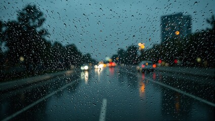 Rain droplets on car window city lights reflected in streaks