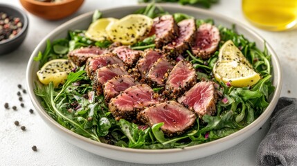 High-end culinary presentation of a salad with seared tuna, delicate garnishes, and a refined minimalist aesthetic