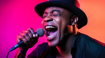 Smiling Male Singer in Hat Holding Microphone Close-Up Portrait