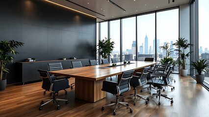 Modern conference room with wooden floor, glass walls, and contemporary furniture in bright, spacious office interior. 3D Rendering