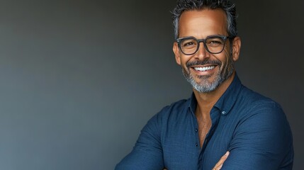 Obraz premium Mature Businessman with Glasses Smiling in Blue Shirt