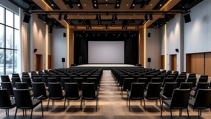 Modern conference hall with chairs and a stage, featuring minimalist design and lighting accents, ideal for corporate events or seminars. 3D Rendering