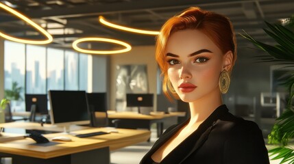 Obraz premium Sunny stylish minimalistic interior design co-working office with light glossy ceiling and floor, wooden table surfaces, modern computers and black decoration. 3D rendering