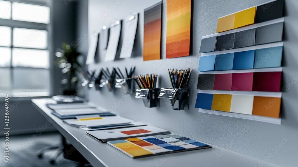 Poster creative mood board showcasing colorful product mockups in modern workspace design environment