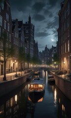 Fototapeta premium Moonlit boats sailing down a serene Amsterdam canal with tall buildings on either side, moonlight, boat lights, Amsterdam canals