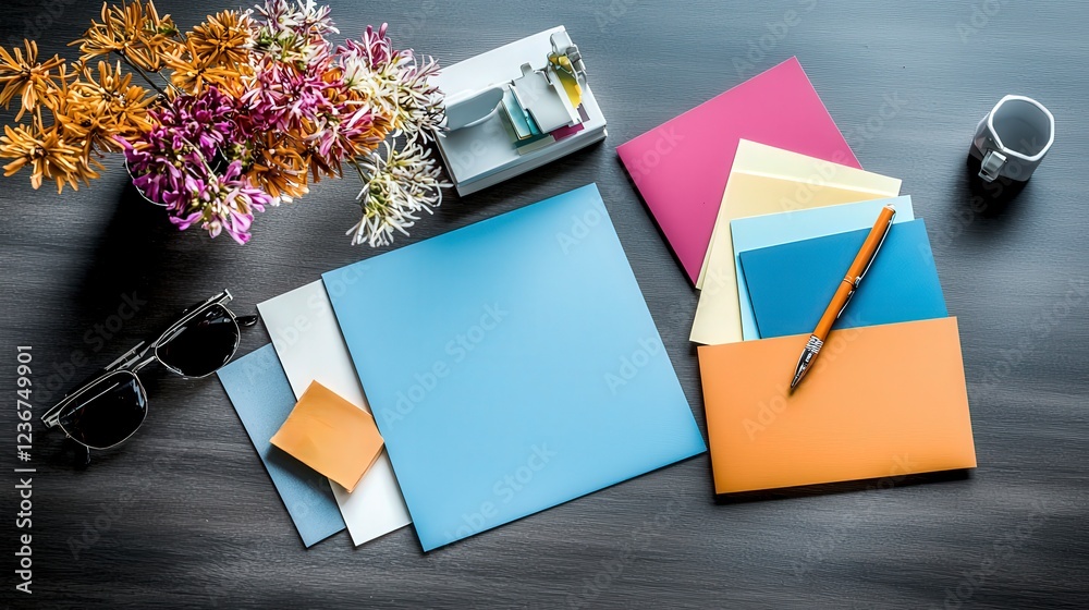 Aufkleber creative flat lay of colorful typography samples and paper in a modern workspace environment