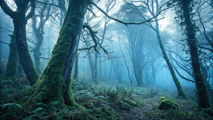 Obraz premium Mysterious forest with overgrown vegetation and moss-covered tree trunks on a grunge blue background, tree trunks, moss, mysterious forest