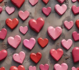 Fototapeta premium Oil painted heart shapes in shades of pink and red against a distressed stone surface, stone, worn wood, texture