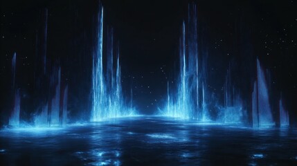 Blue glowing pillars on dark surface, possibly alien energy source, for scifi themes